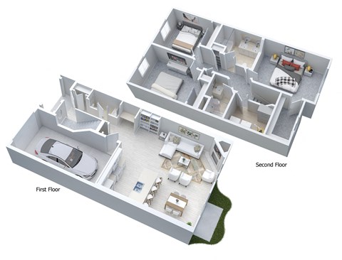 3-D floor plan of 2-story townhome with 3-bedrooms and 2.5 bathrooms as well as 1-car attached garage